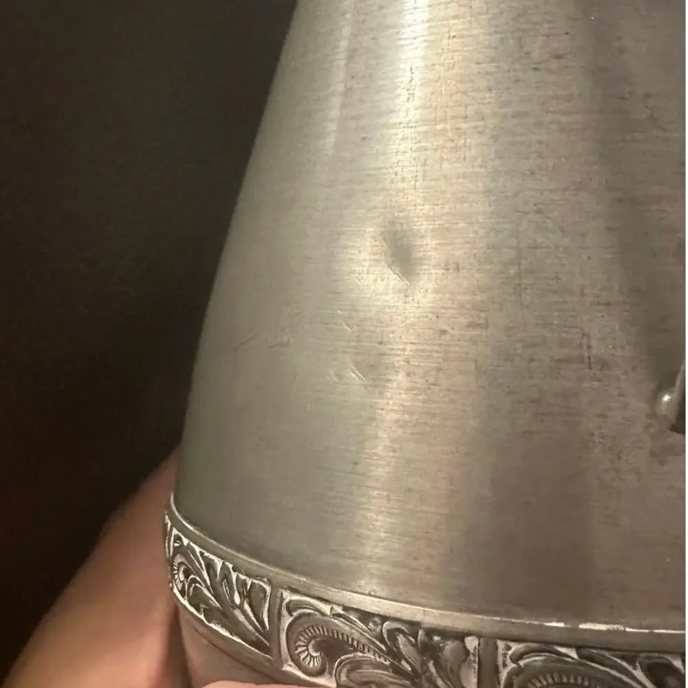 VINTAGE Norsk Tinn PEWTER Metal Pitcher Jug VASE‎ Scrollwork 9.5 “ w/handle READ